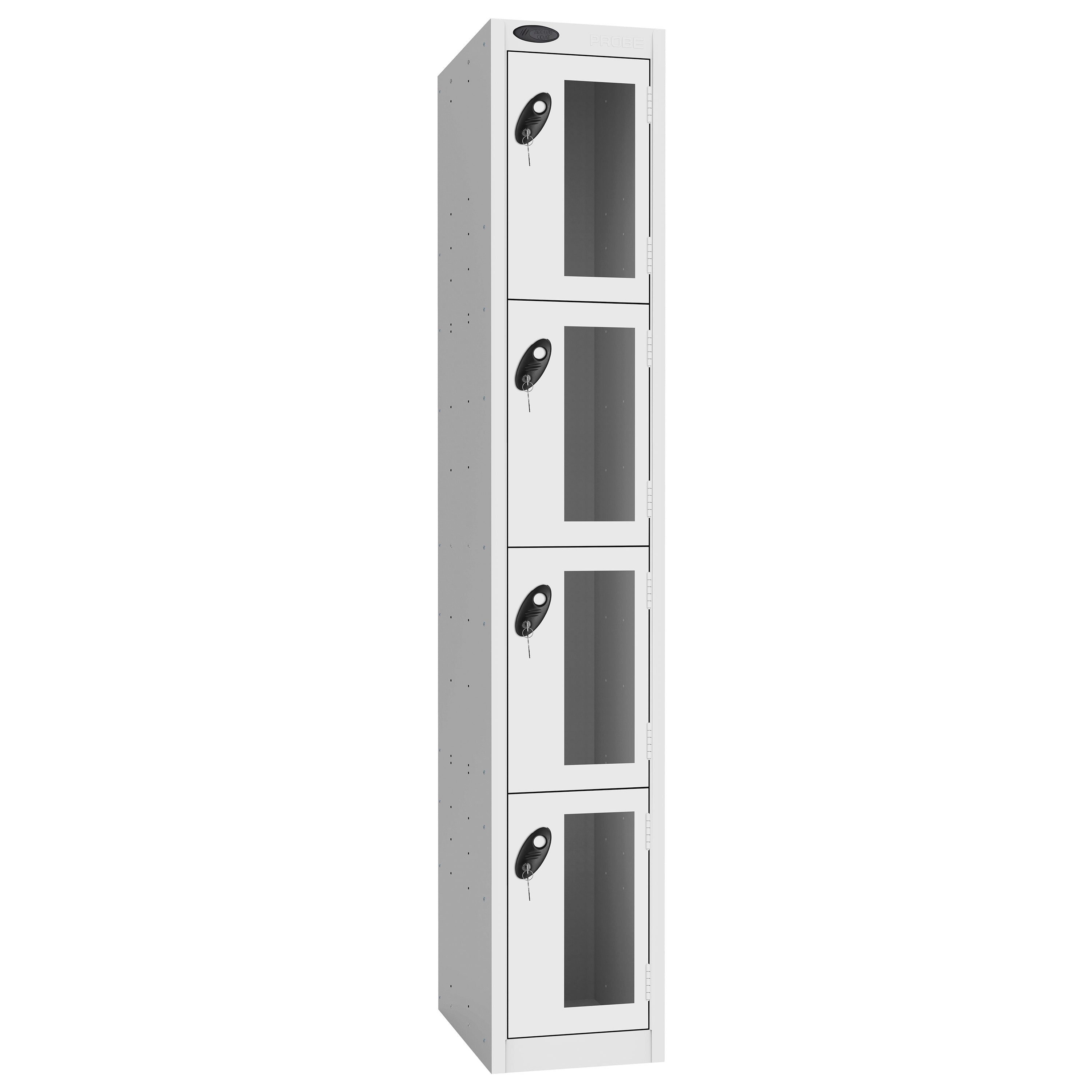 Probe Vision Panel Metric Locker — 4 Door, Flat Top, 300mm — White Carcass / White Doors
