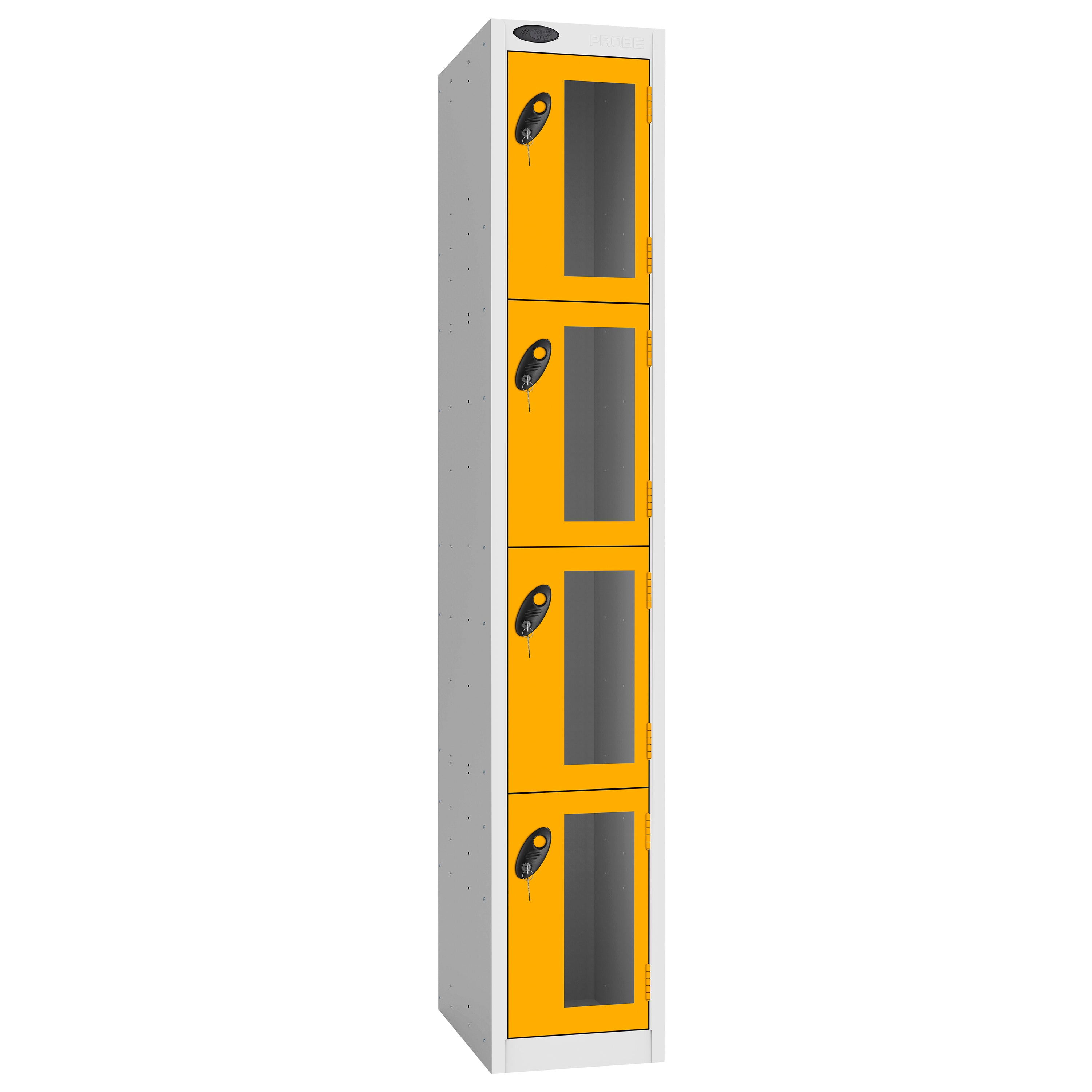 Probe Vision Panel Metric Locker — 4 Door, Flat Top, 300mm — White Carcass / Yellow Doors