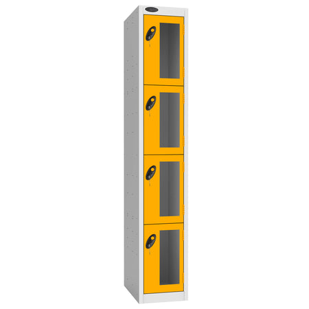Probe Vision Panel Metric Locker — 4 Door, Flat Top, 300mm — White Carcass / Yellow Doors