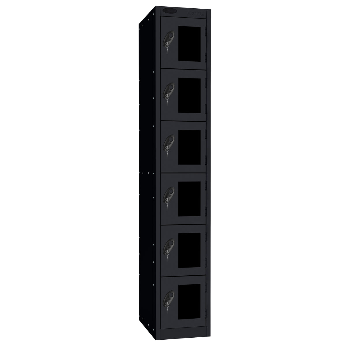 Probe Vision Panel Metric Locker — 6 Door, Flat Top, 300mm — Black Carcass / Black Doors
