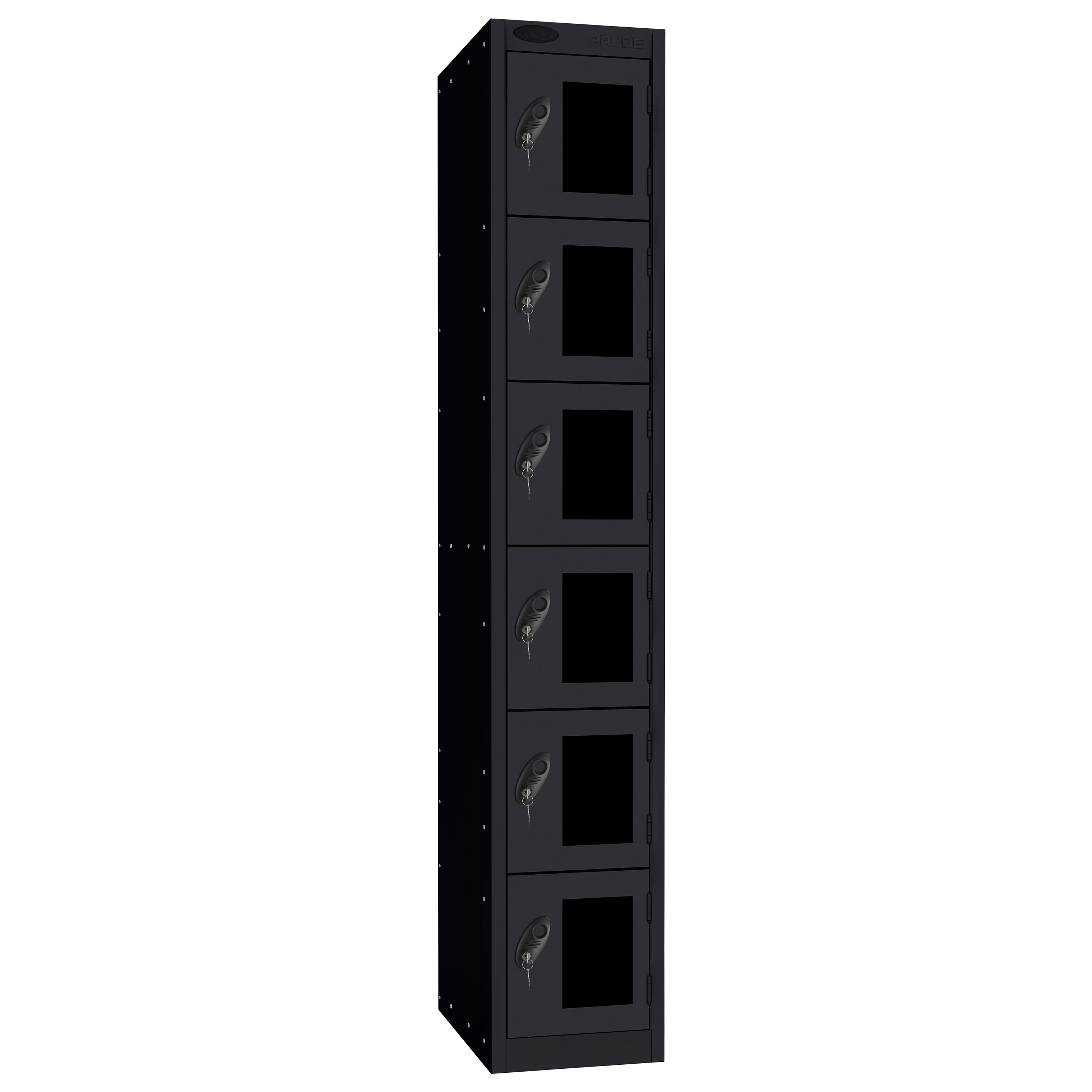 Probe Vision Panel Metric Locker — 6 Door, Flat Top, 300mm — Black Carcass / Black Doors