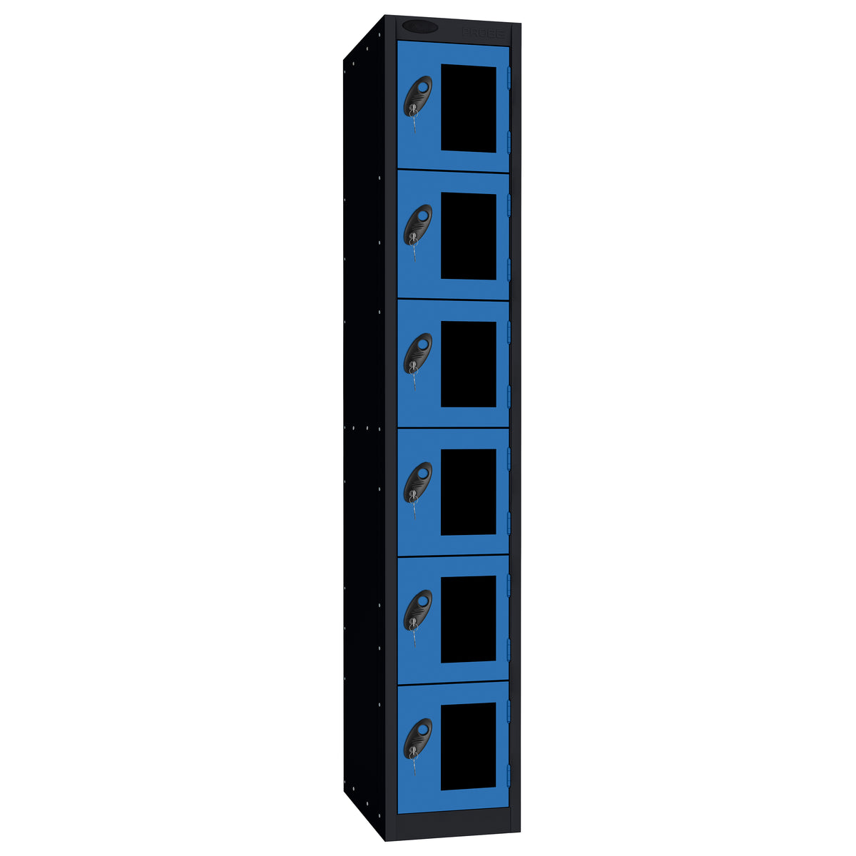 Probe Vision Panel Metric Locker — 6 Door, Flat Top, 300mm — Black Carcass / Blue Doors
