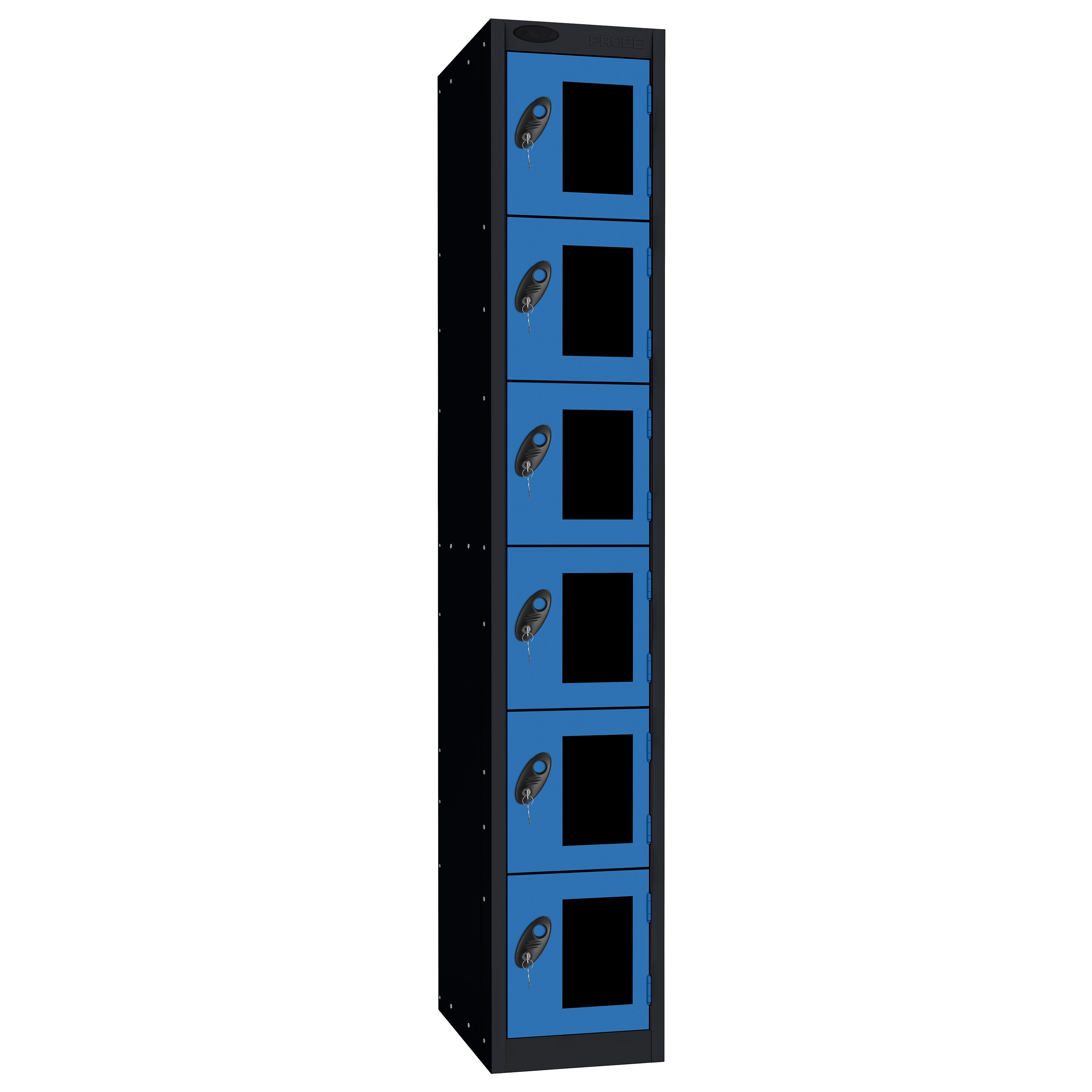 Probe Vision Panel Metric Locker — 6 Door, Flat Top, 300mm — Black Carcass / Blue Doors