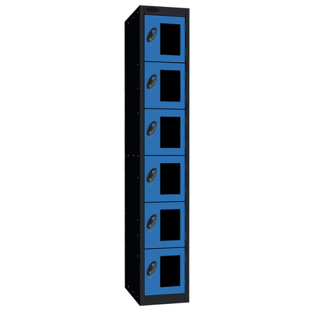 Probe Vision Panel Metric Locker — 6 Door, Flat Top, 300mm — Black Carcass / Blue Doors