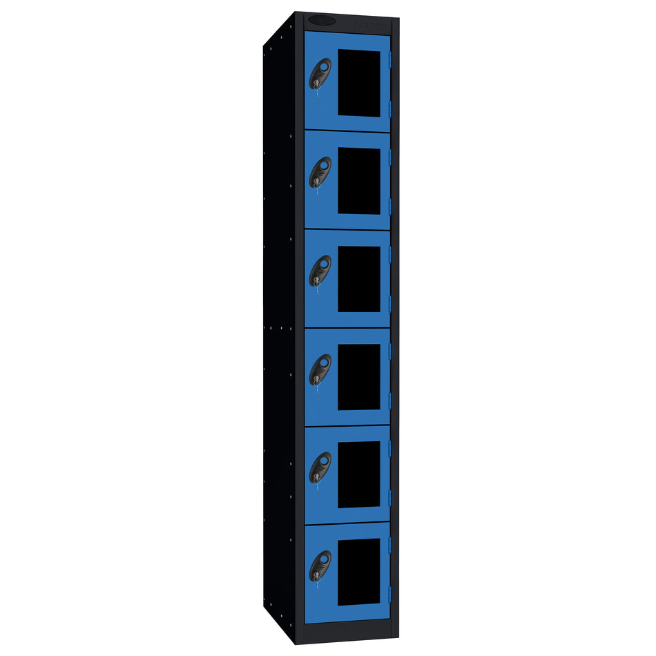 Probe Vision Panel Metric Locker — 6 Door, Flat Top, 300mm — Black Carcass / Blue Doors