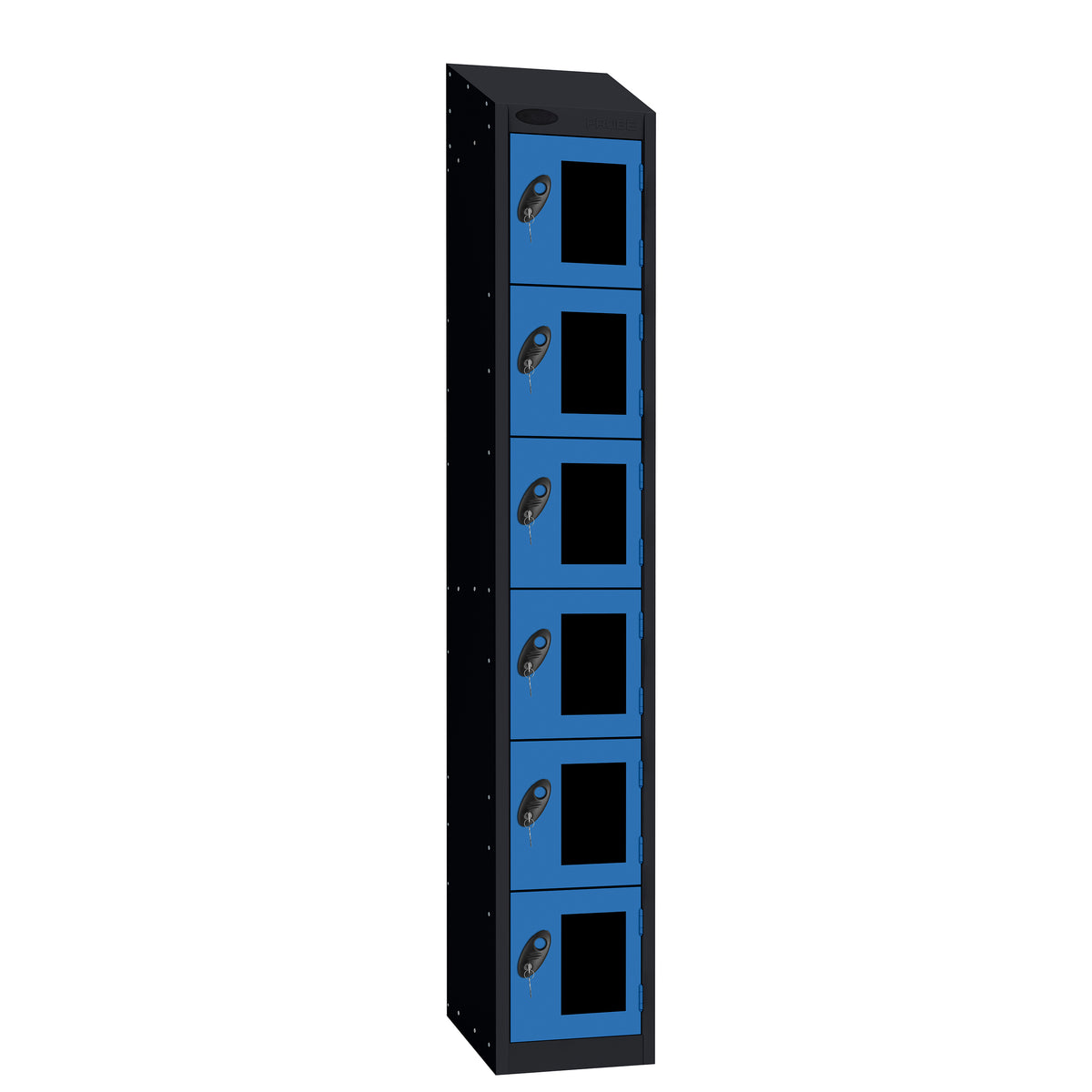 Probe Vision Panel Metric Locker — 6 Door, Wide Format (380-450mm) — Black Carcass / Blue Doors