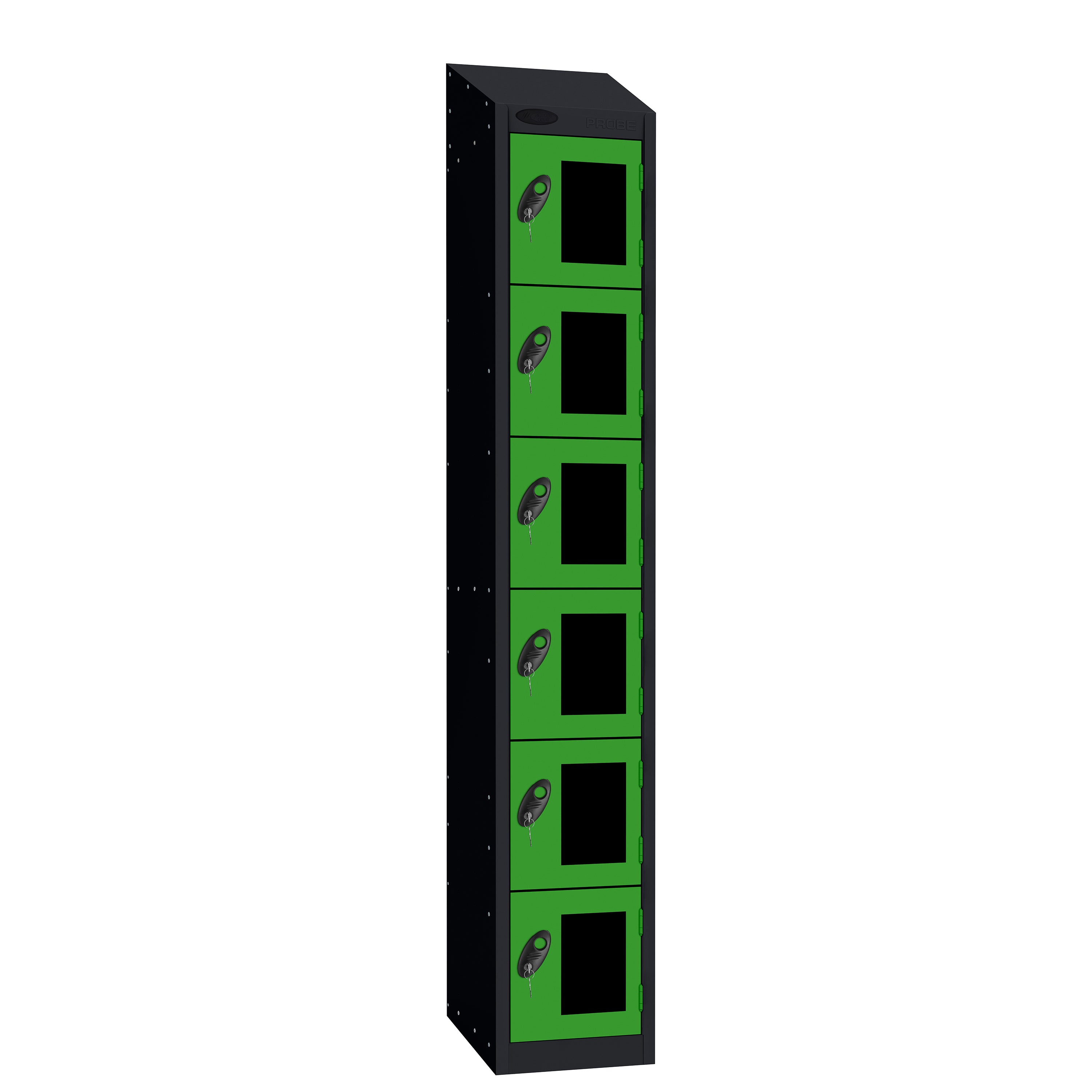 Probe Vision Panel Metric Locker — 6 Door, Sloping Top, 300mm — Black Carcass / Green Doors