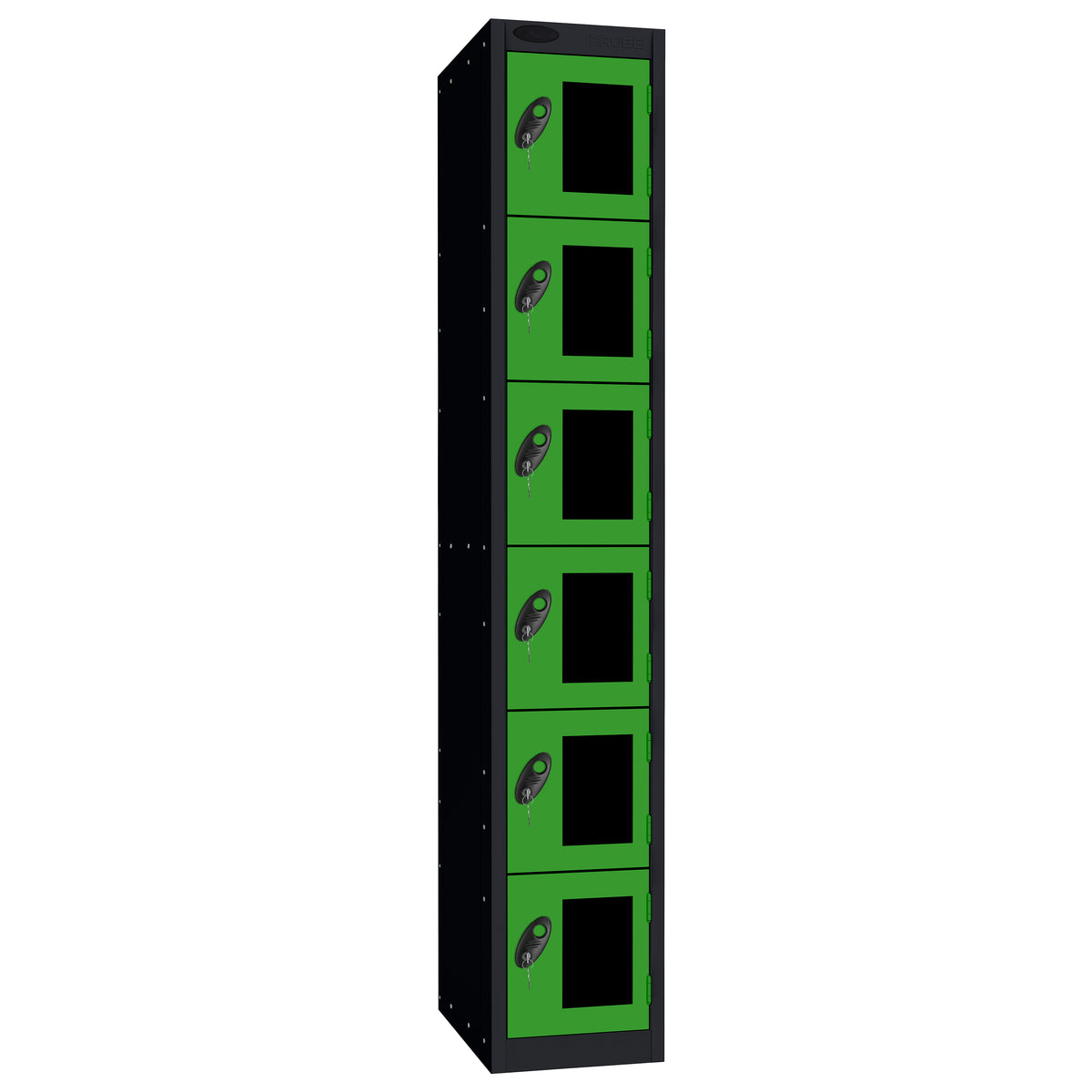 Probe Vision Panel Metric Locker — 6 Door, Flat Top, 300mm — Black Carcass / Green Doors