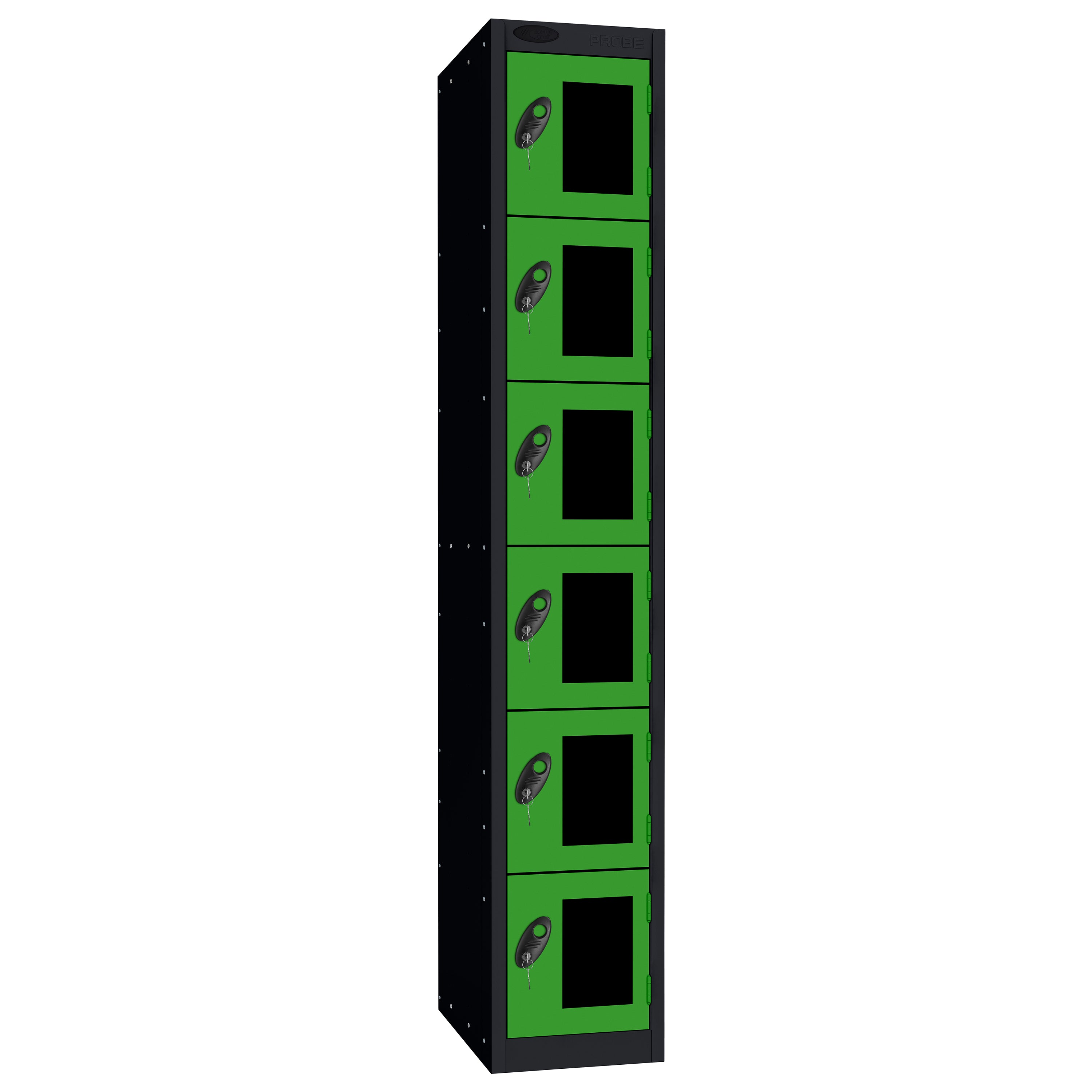 Probe Vision Panel Metric Locker — 6 Door, Flat Top, 300mm — Black Carcass / Green Doors