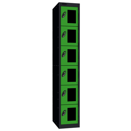 Probe Vision Panel Metric Locker — 6 Door, Flat Top, 300mm — Black Carcass / Green Doors