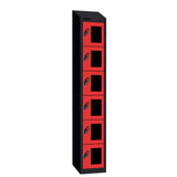 Probe Vision Panel Metric Locker — 6 Door, Sloping Top, 300mm — Black Carcass / Red Doors