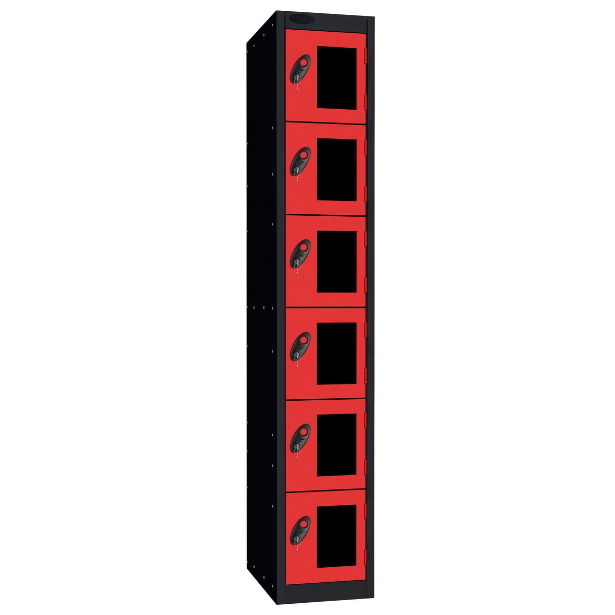 Probe Vision Panel Metric Locker — 6 Door, Flat Top, 300mm — Black Carcass / Red Doors