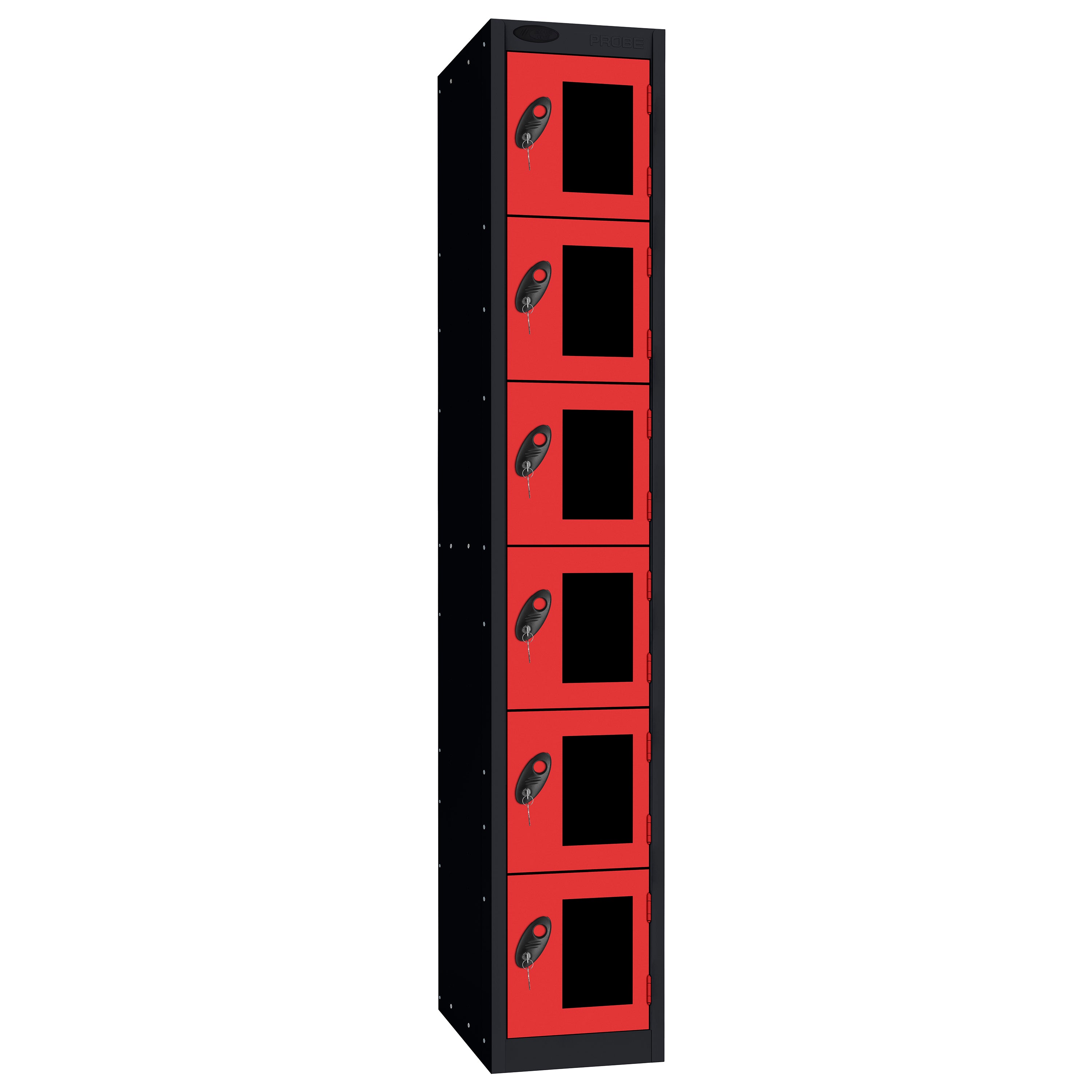 Probe Vision Panel Metric Locker — 6 Door, Flat Top, 300mm — Black Carcass / Red Doors