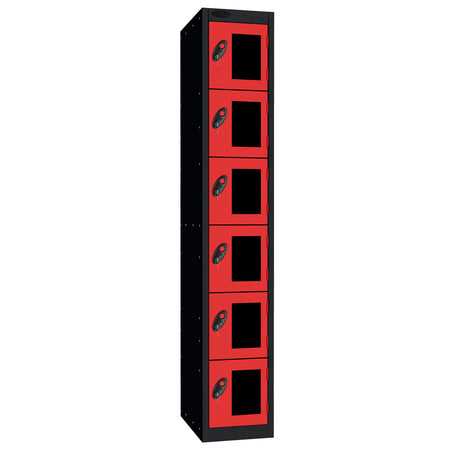 Probe Vision Panel Metric Locker — 6 Door, Flat Top, 300mm — Black Carcass / Red Doors
