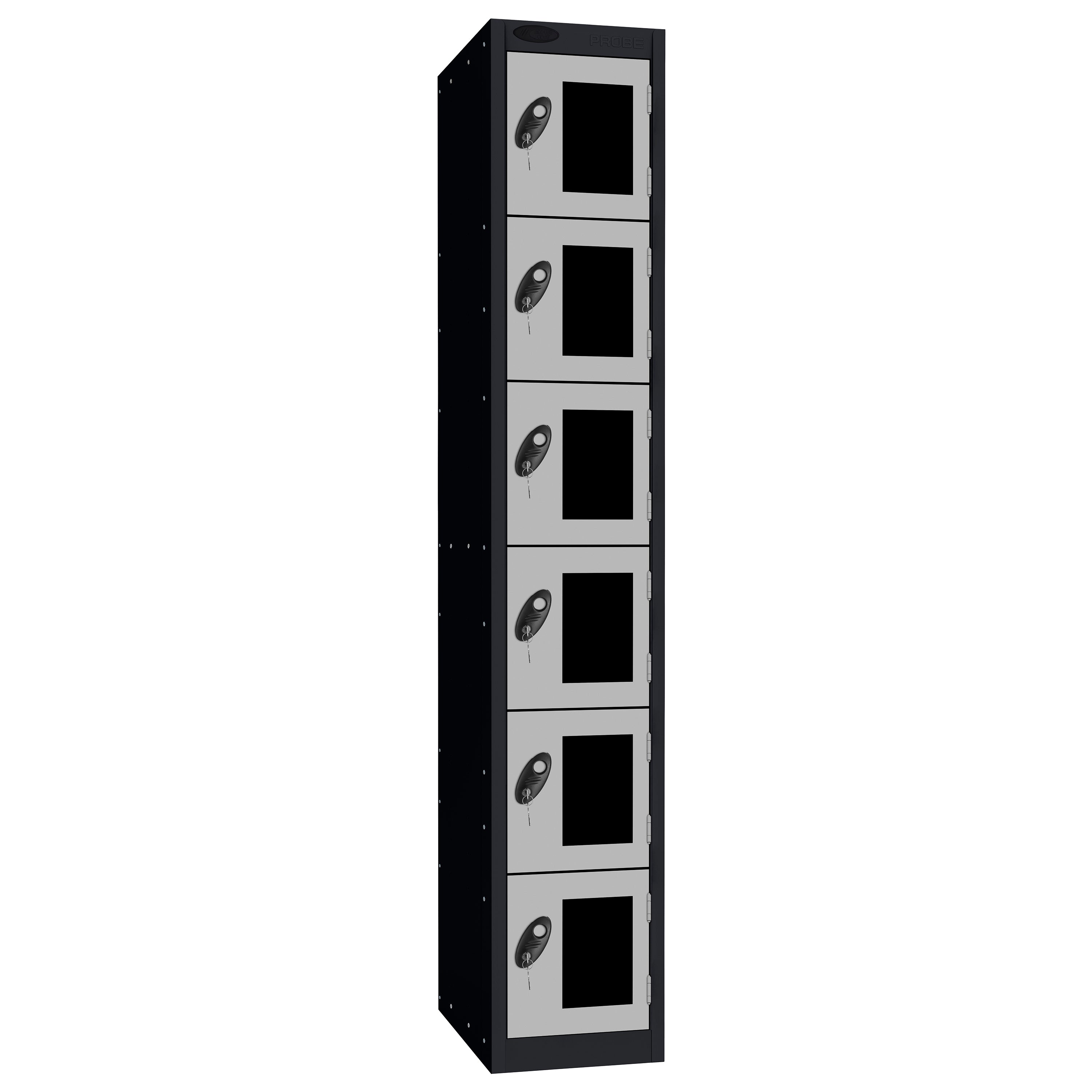 Probe Vision Panel Metric Locker — 6 Door, Flat Top, 300mm — Black Carcass / Silver Doors
