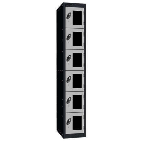 Probe Vision Panel Metric Locker — 6 Door, Flat Top, 300mm — Black Carcass / Silver Doors