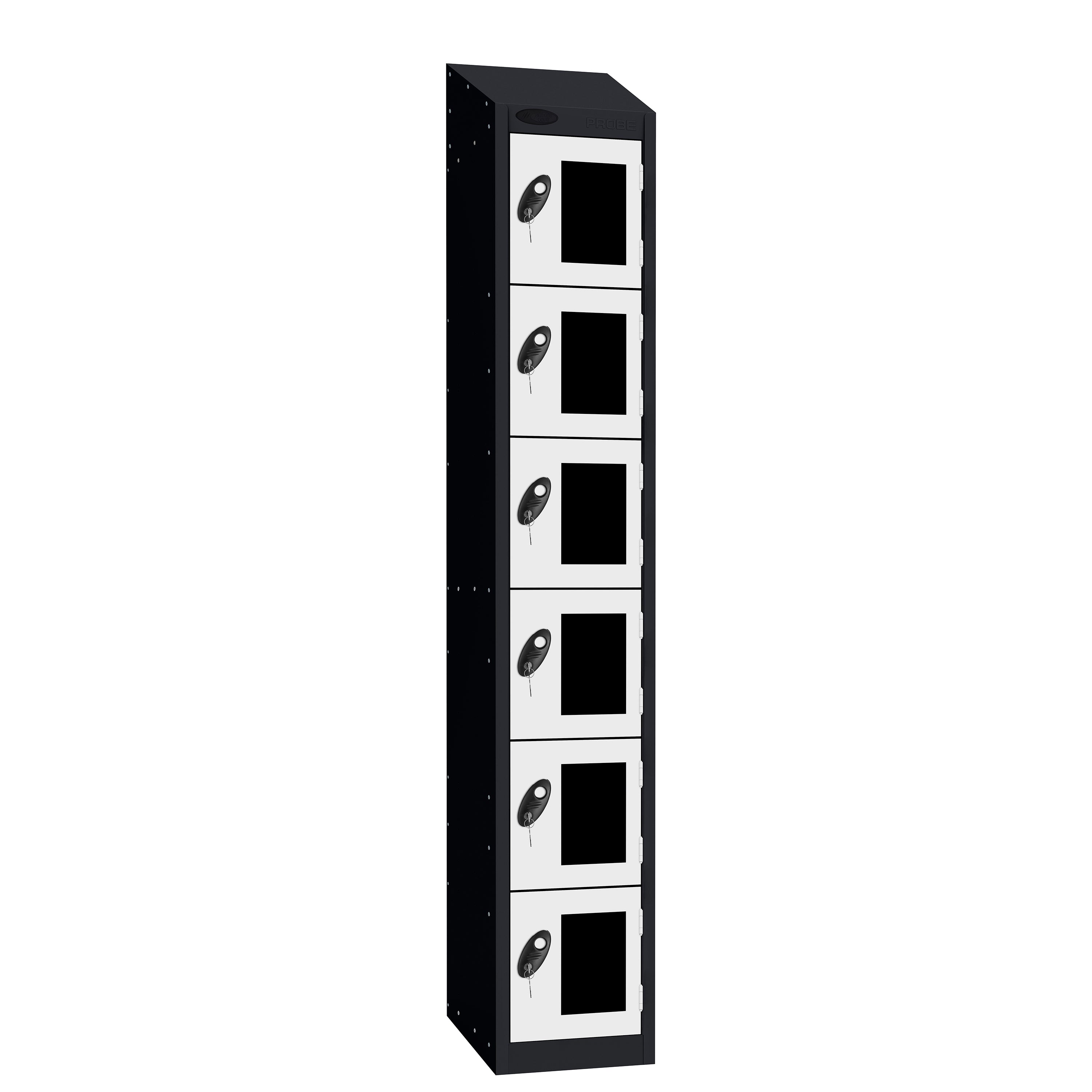Probe Vision Panel Metric Locker — 6 Door, Sloping Top, 300mm — Black Carcass / White Doors