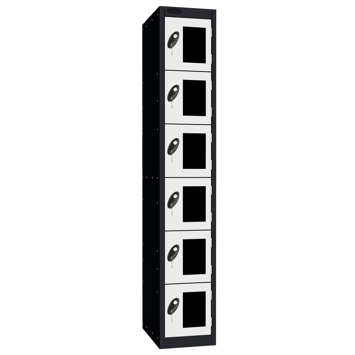Probe Vision Panel Metric Locker — 6 Door, Flat Top, 300mm — Black Carcass / White Doors