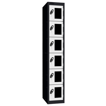 Probe Vision Panel Metric Locker — 6 Door, Flat Top, 300mm — Black Carcass / White Doors