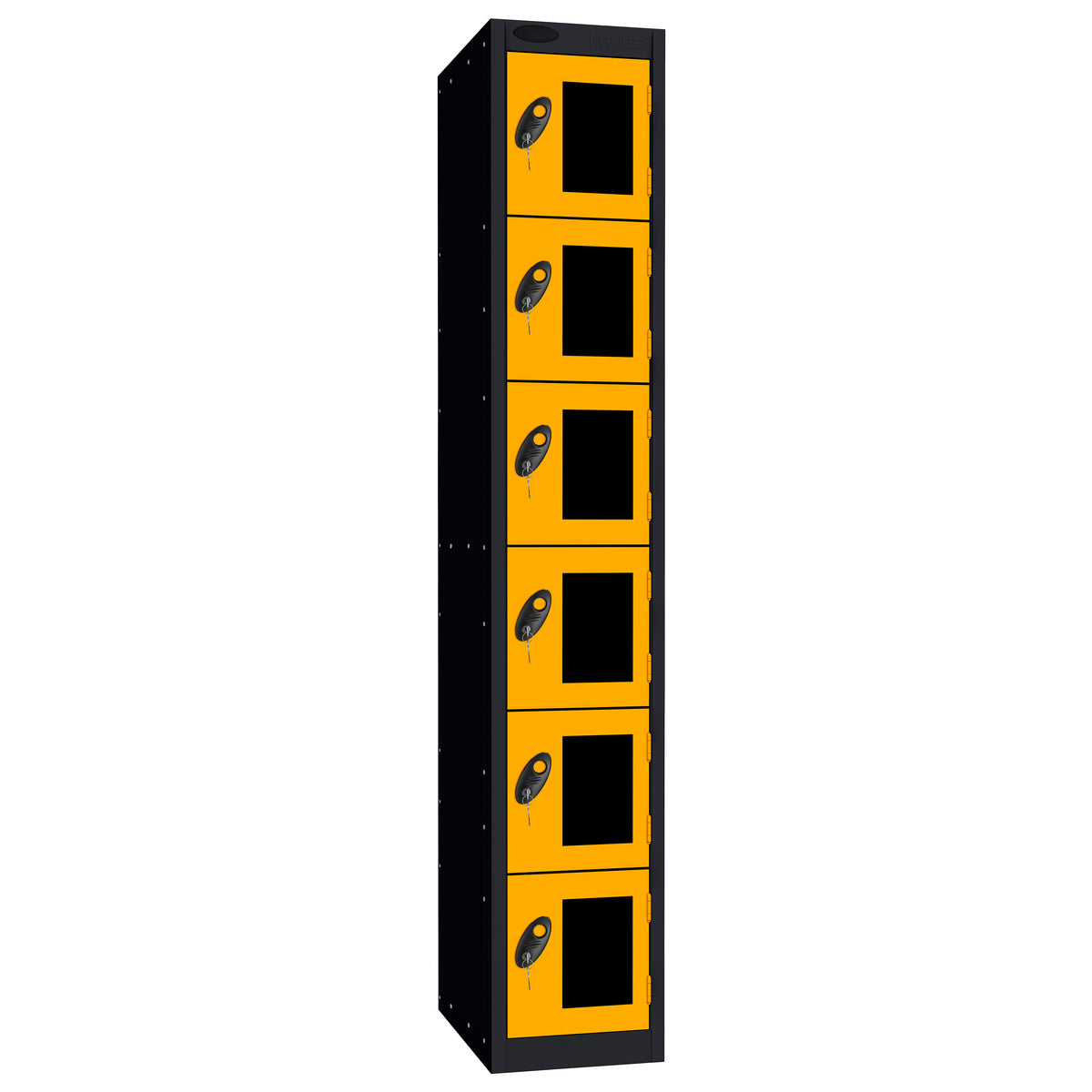 Probe Vision Panel Metric Locker — 6 Door, Flat Top, 300mm — Black Carcass / Yellow Doors