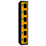 Probe Vision Panel Metric Locker — 6 Door, Flat Top, 300mm — Black Carcass / Yellow Doors