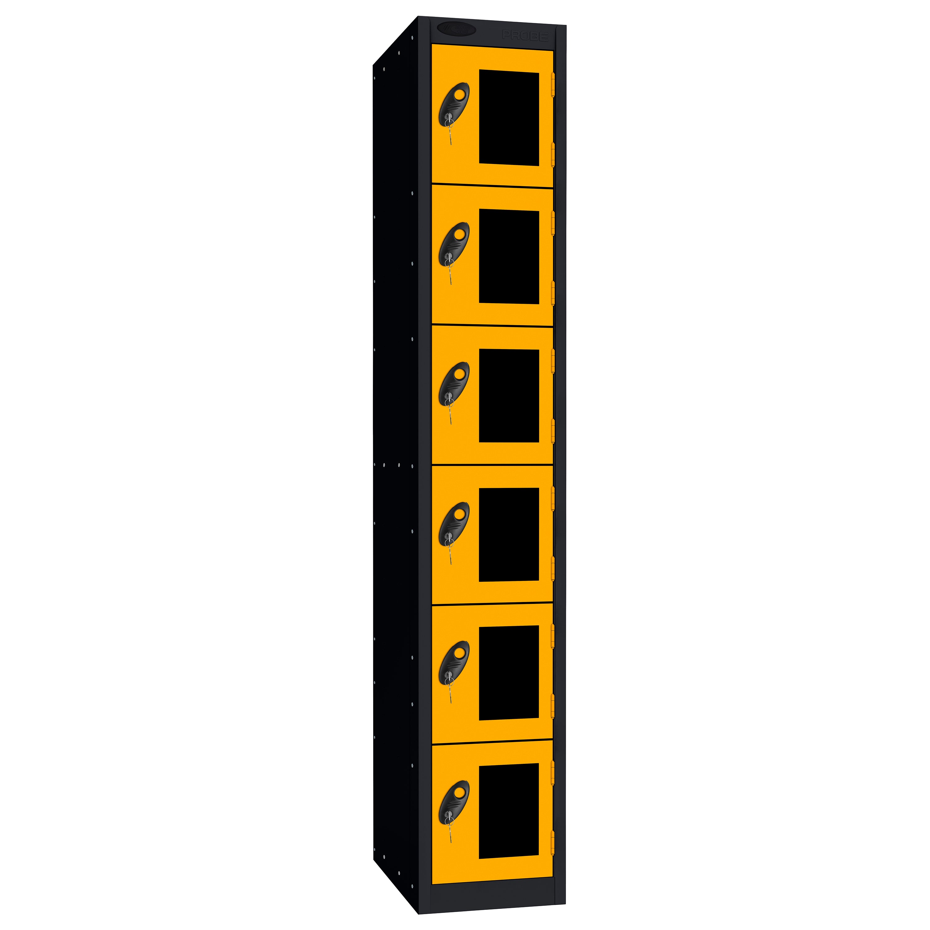 Probe Vision Panel Metric Locker — 6 Door, Flat Top, 300mm — Black Carcass / Yellow Doors