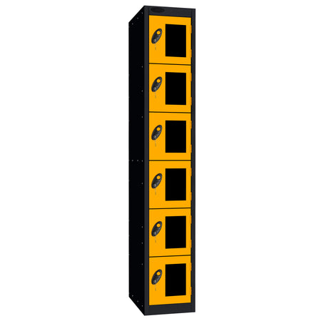 Probe Vision Panel Metric Locker — 6 Door, Flat Top, 300mm — Black Carcass / Yellow Doors