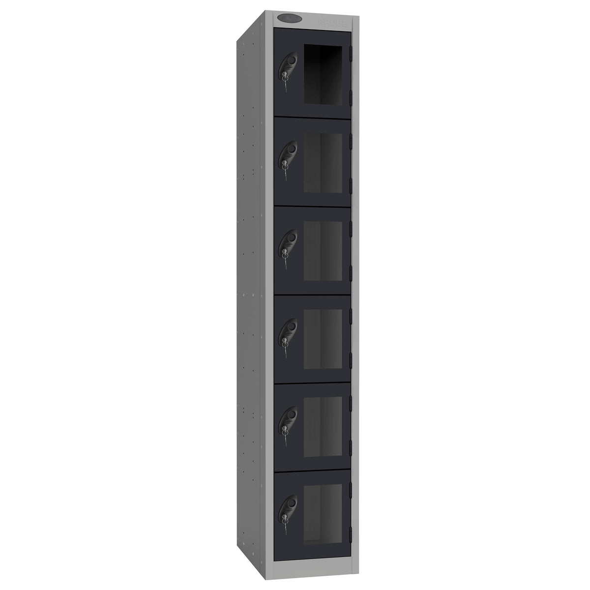 Probe Vision Panel Metric Locker — 6 Door, Flat Top, 300mm — Silver Carcass / Black Doors