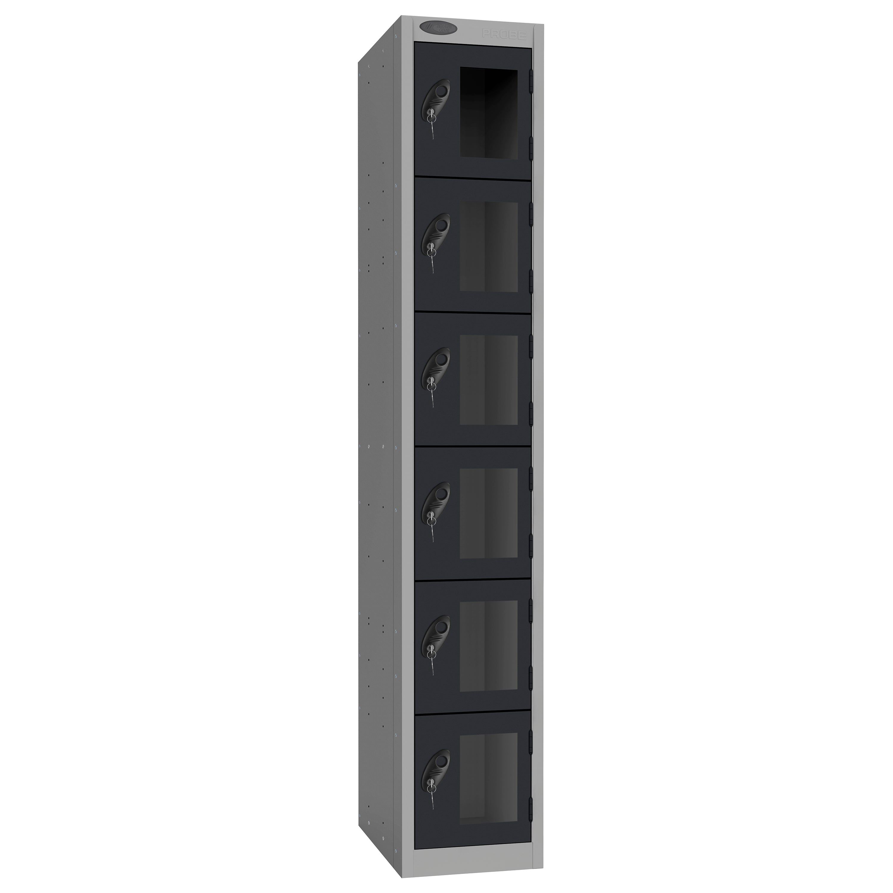 Probe Vision Panel Metric Locker — 6 Door, Flat Top, 300mm — Silver Carcass / Black Doors