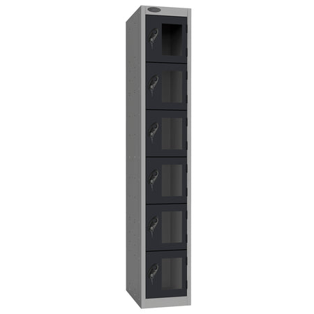 Probe Vision Panel Metric Locker — 6 Door, Flat Top, 300mm — Silver Carcass / Black Doors