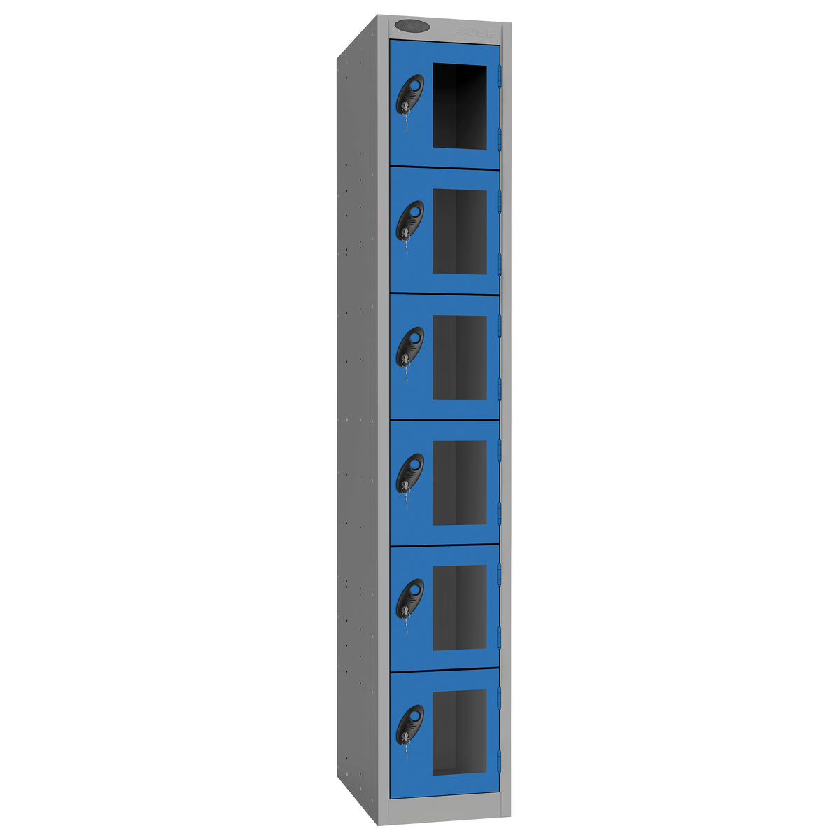 Probe Vision Panel Metric Locker — 6 Door, Flat Top, 300mm — Silver Carcass / Blue Doors