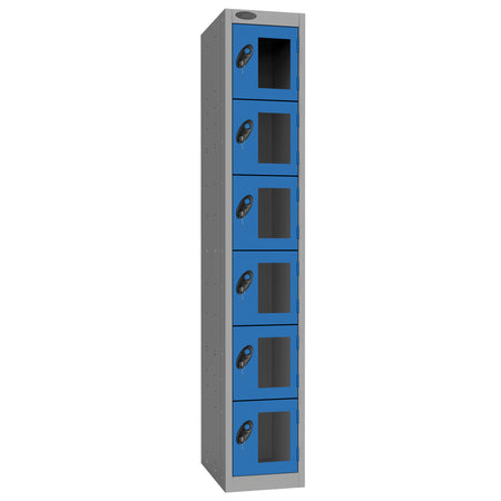 Probe Vision Panel Metric Locker — 6 Door, Flat Top, 300mm — Silver Carcass / Blue Doors