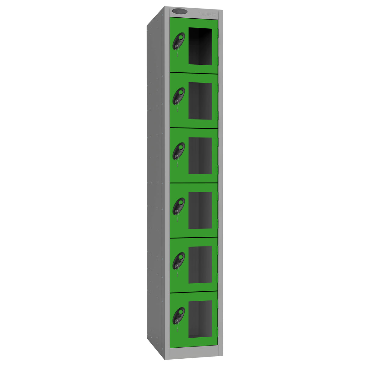 Probe Vision Panel Metric Locker — 6 Door, Flat Top, 300mm — Silver Carcass / Green Doors