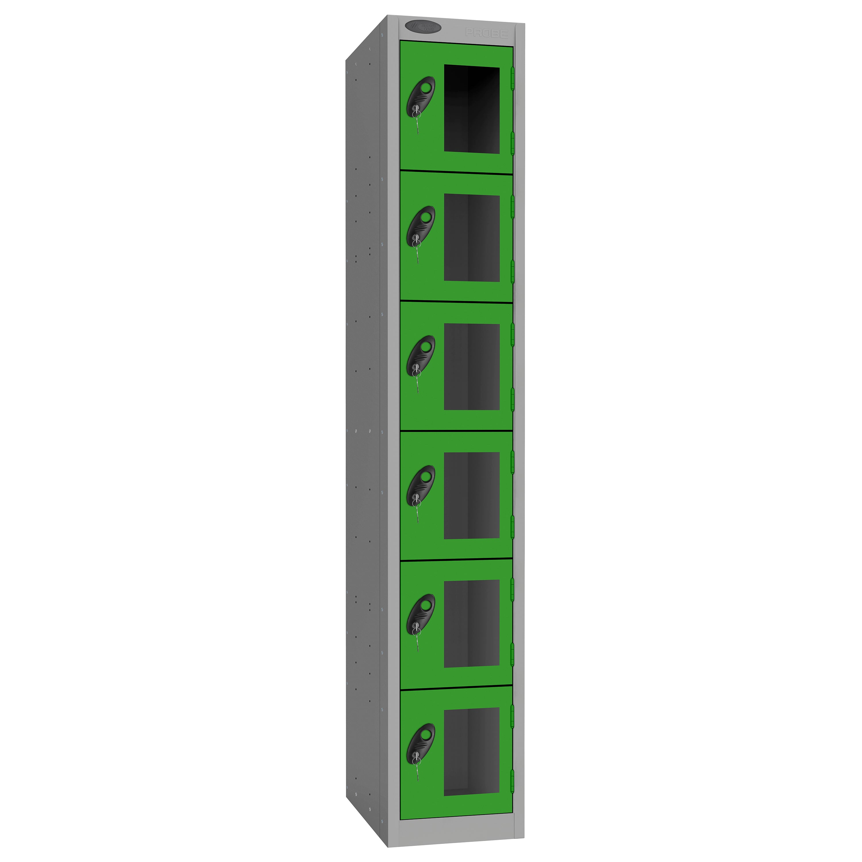Probe Vision Panel Metric Locker — 6 Door, Flat Top, 300mm — Silver Carcass / Green Doors