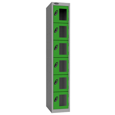Probe Vision Panel Metric Locker — 6 Door, Flat Top, 300mm — Silver Carcass / Green Doors