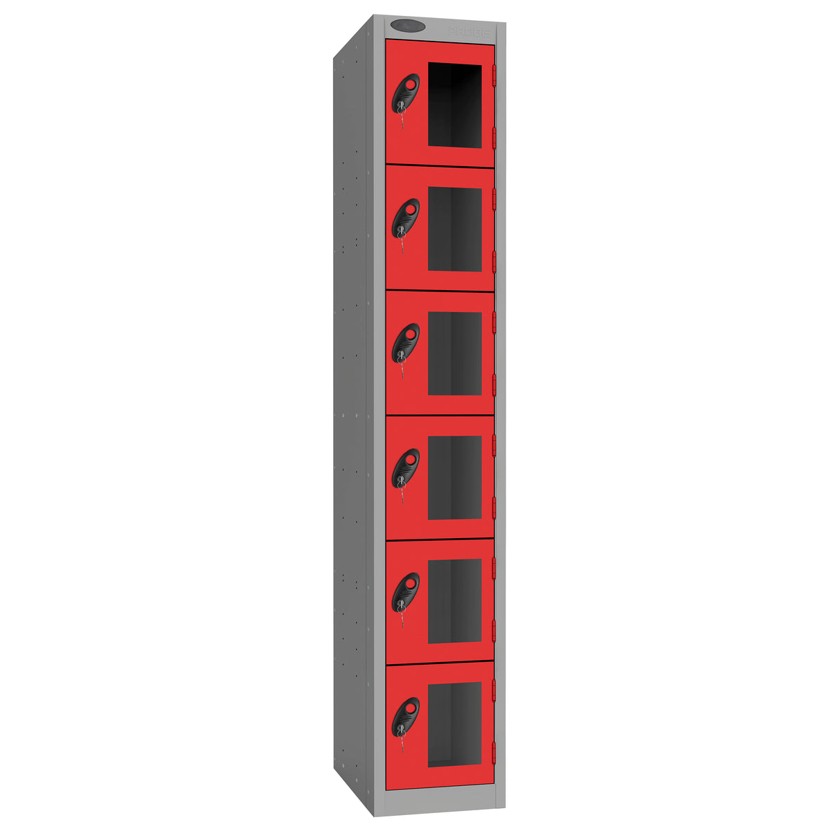 Probe Vision Panel Metric Locker — 6 Door, Flat Top, 300mm — Silver Carcass / Red Doors