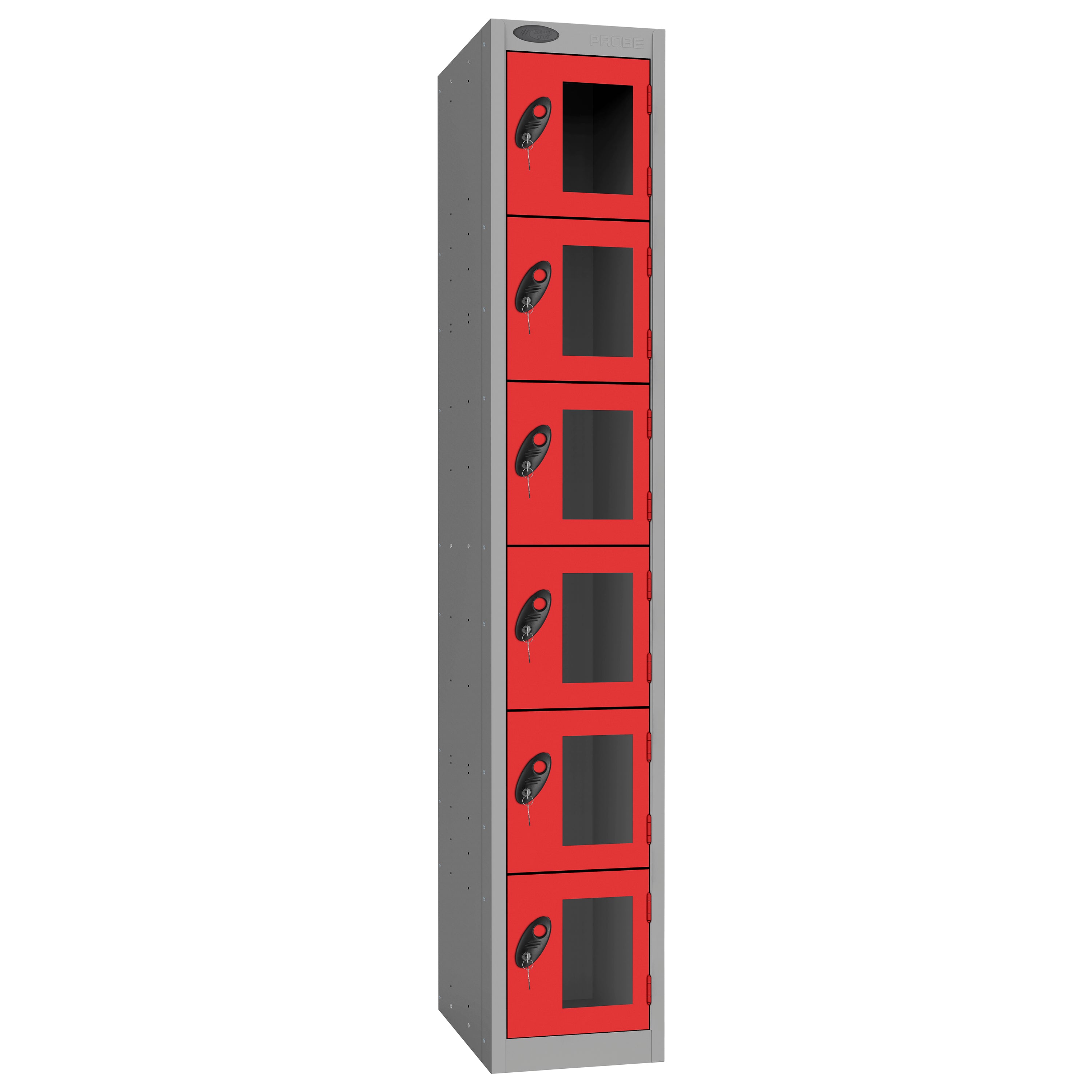 Probe Vision Panel Metric Locker — 6 Door, Flat Top, 300mm — Silver Carcass / Red Doors