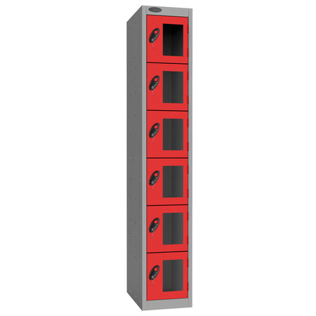 Probe Vision Panel Metric Locker — 6 Door, Flat Top, 300mm — Silver Carcass / Red Doors