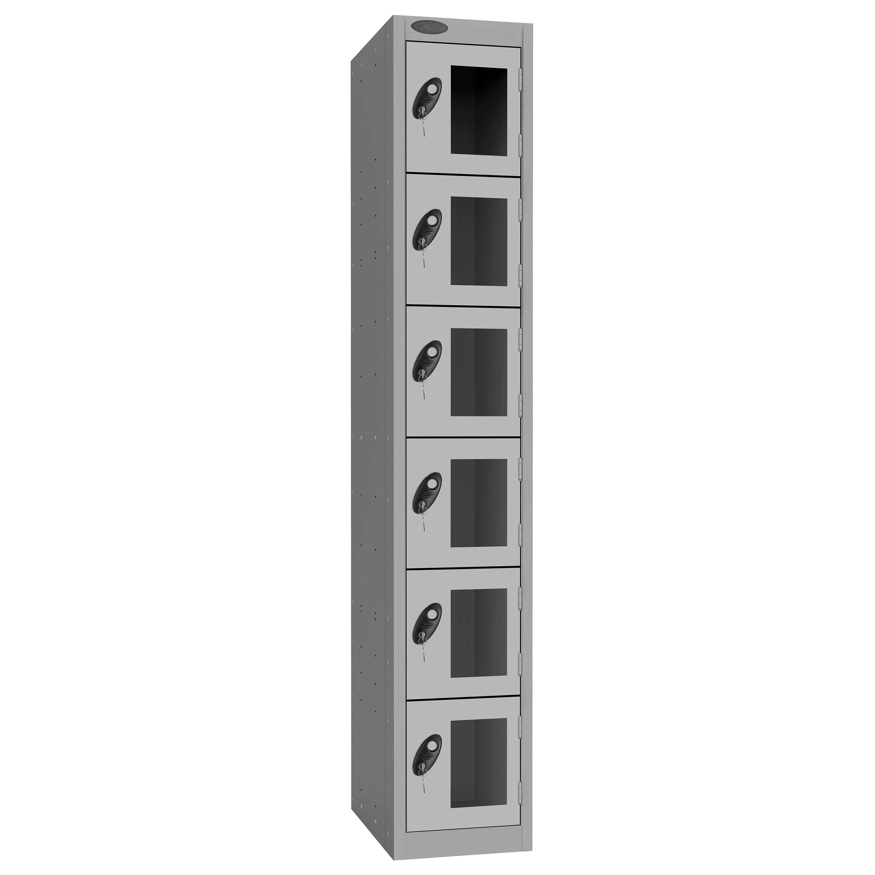Probe Vision Panel Metric Locker — 6 Door, Flat Top, 300mm — Silver Carcass / Silver Doors