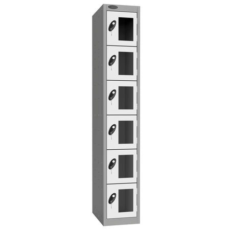 Probe Vision Panel Metric Locker — 6 Door, Flat Top, 300mm — Silver Carcass / White Doors