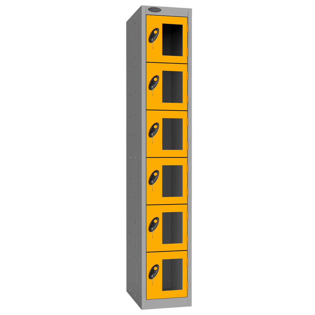 Probe Vision Panel Metric Locker — 6 Door, Flat Top, 300mm — Silver Carcass / Yellow Doors