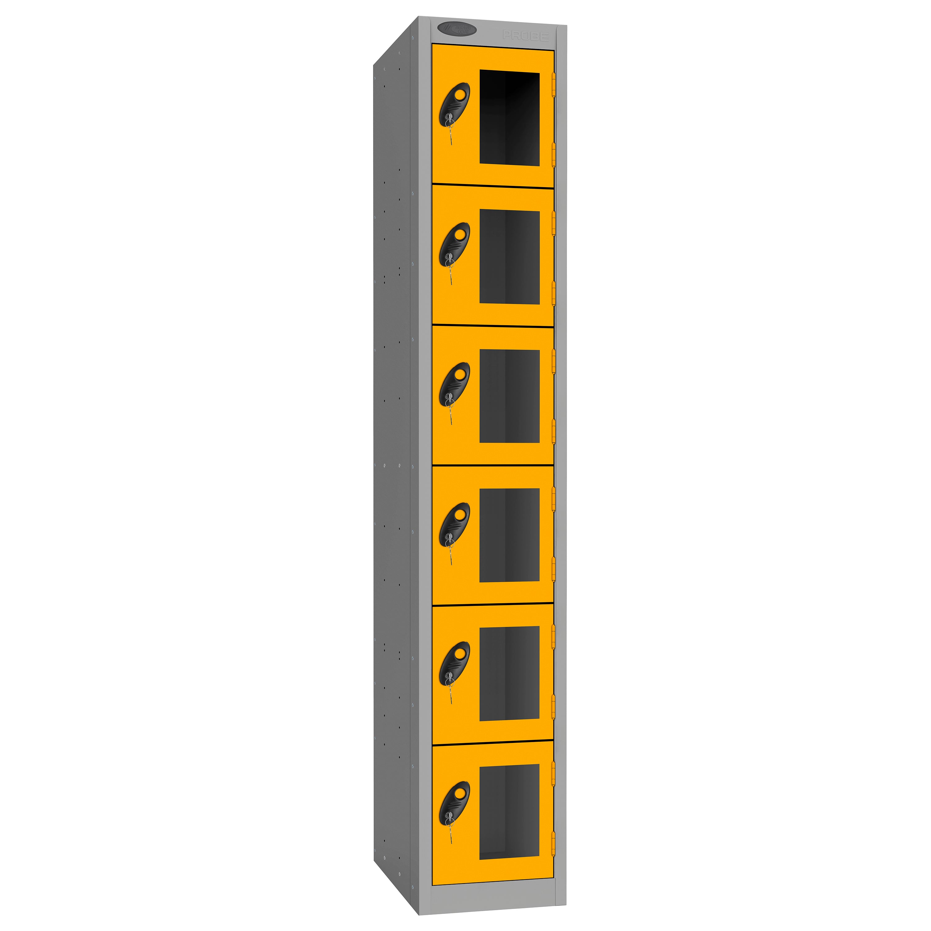 Probe Vision Panel Metric Locker — 6 Door, Flat Top, 300mm — Silver Carcass / Yellow Doors