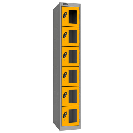 Probe Vision Panel Metric Locker — 6 Door, Flat Top, 300mm — Silver Carcass / Yellow Doors