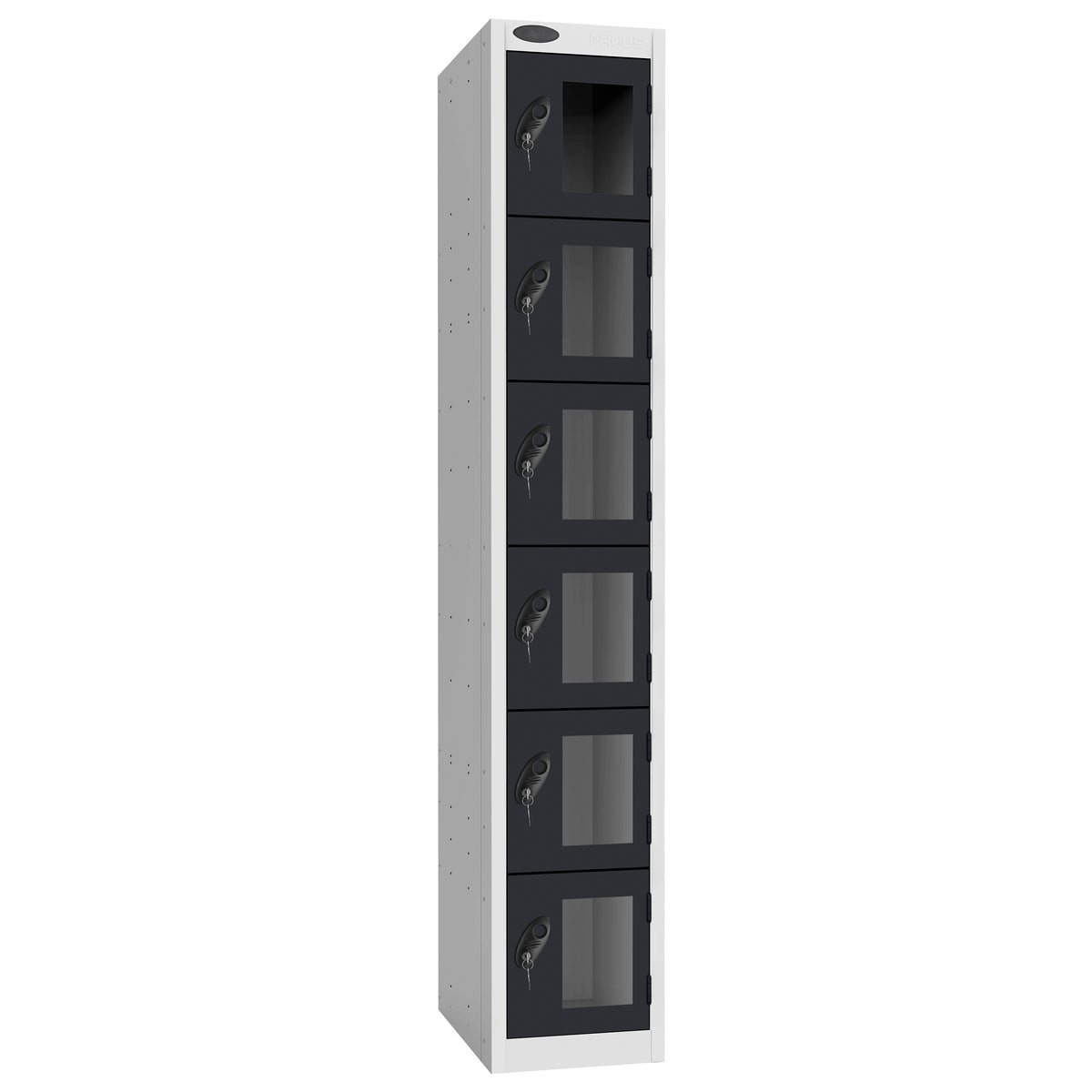 Probe Vision Panel Metric Locker — 6 Door, Flat Top, 300mm — White Carcass / Black Doors