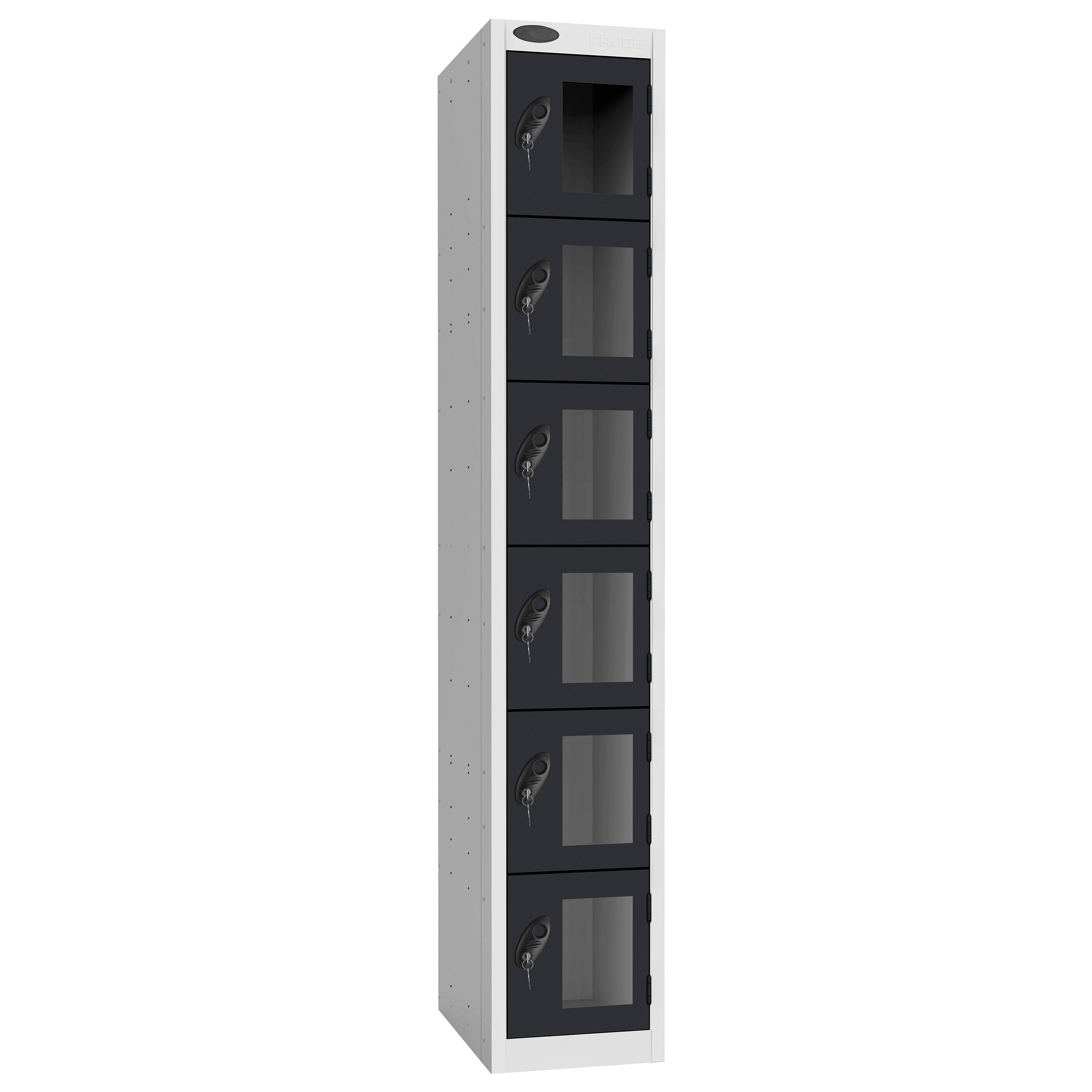 Probe Vision Panel Metric Locker — 6 Door, Flat Top, 300mm — White Carcass / Black Doors