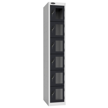 Probe Vision Panel Metric Locker — 6 Door, Flat Top, 300mm — White Carcass / Black Doors