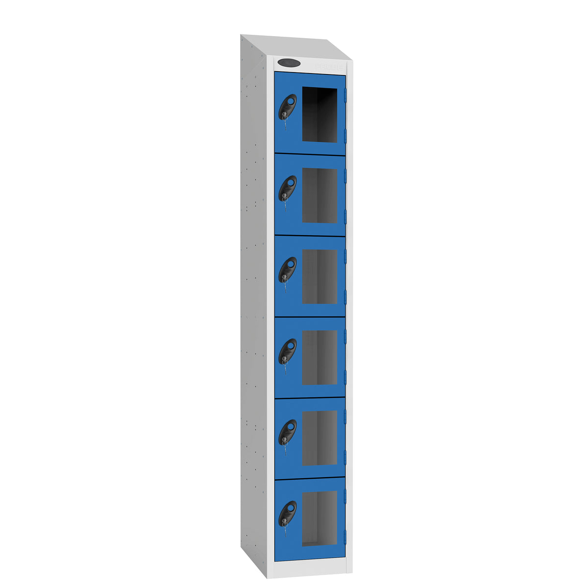 Probe Vision Panel Metric Locker — 6 Door, Sloping Top, 300mm — White Carcass / Blue Doors