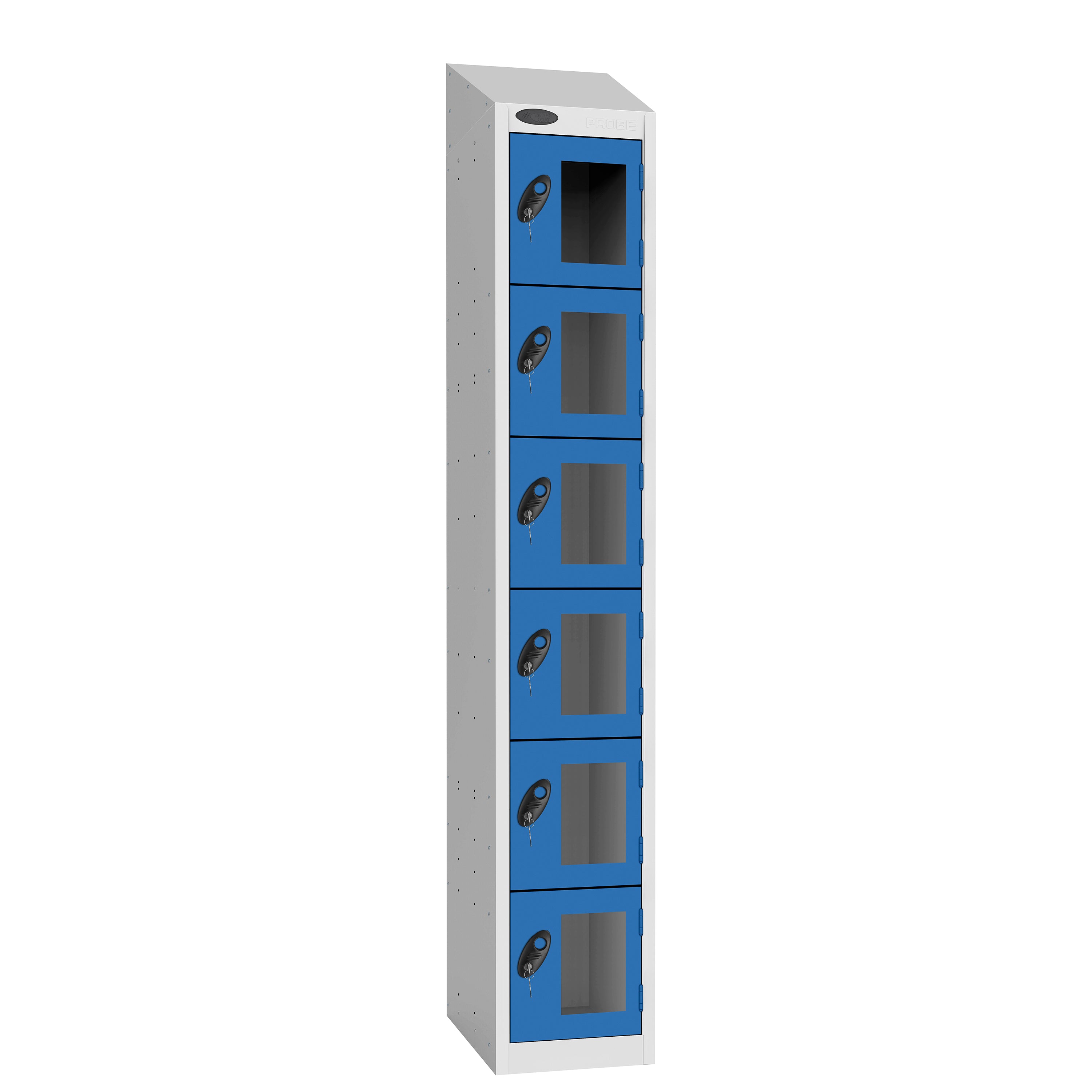 Probe Vision Panel Metric Locker — 6 Door, Sloping Top, 300mm — White Carcass / Blue Doors