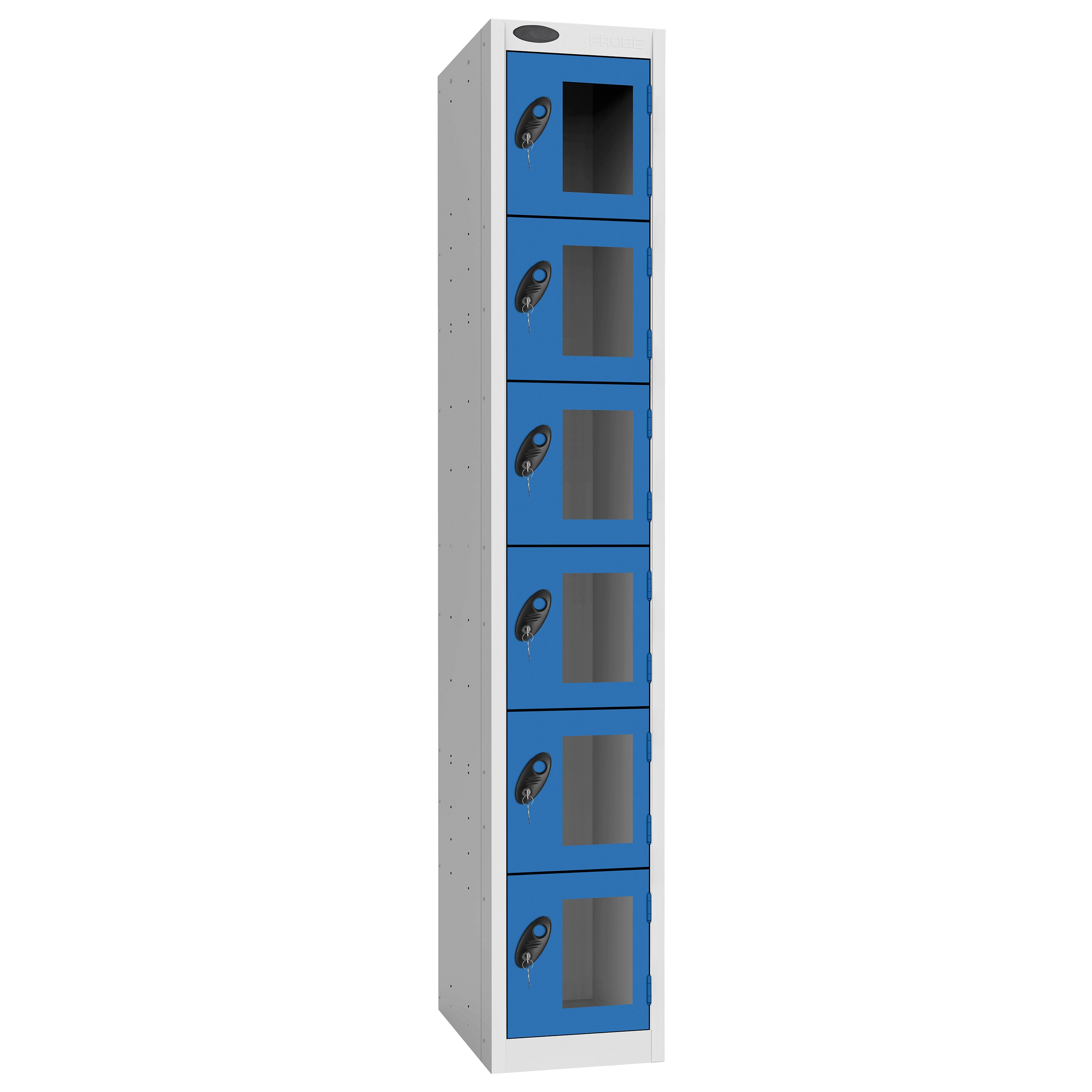 Probe Vision Panel Metric Locker — 6 Door, Flat Top, 300mm — White Carcass / Blue Doors