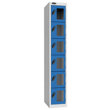 Probe Vision Panel Metric Locker — 6 Door, Flat Top, 300mm — White Carcass / Blue Doors